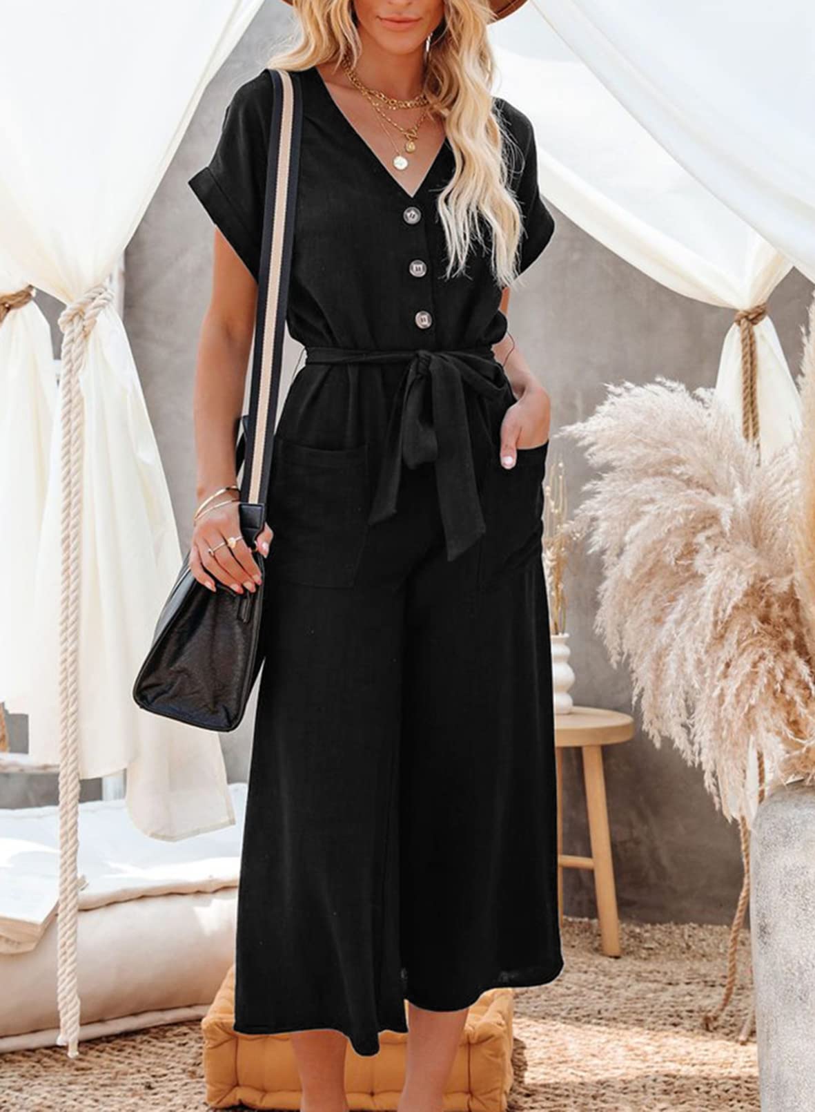 Acelitt Women's Casual V-Neck Short Sleeve Button Belted Wide Leg Jumpsuit - Summer Outfits, Beach Wear, Office Casual (Sizes S-XXL)