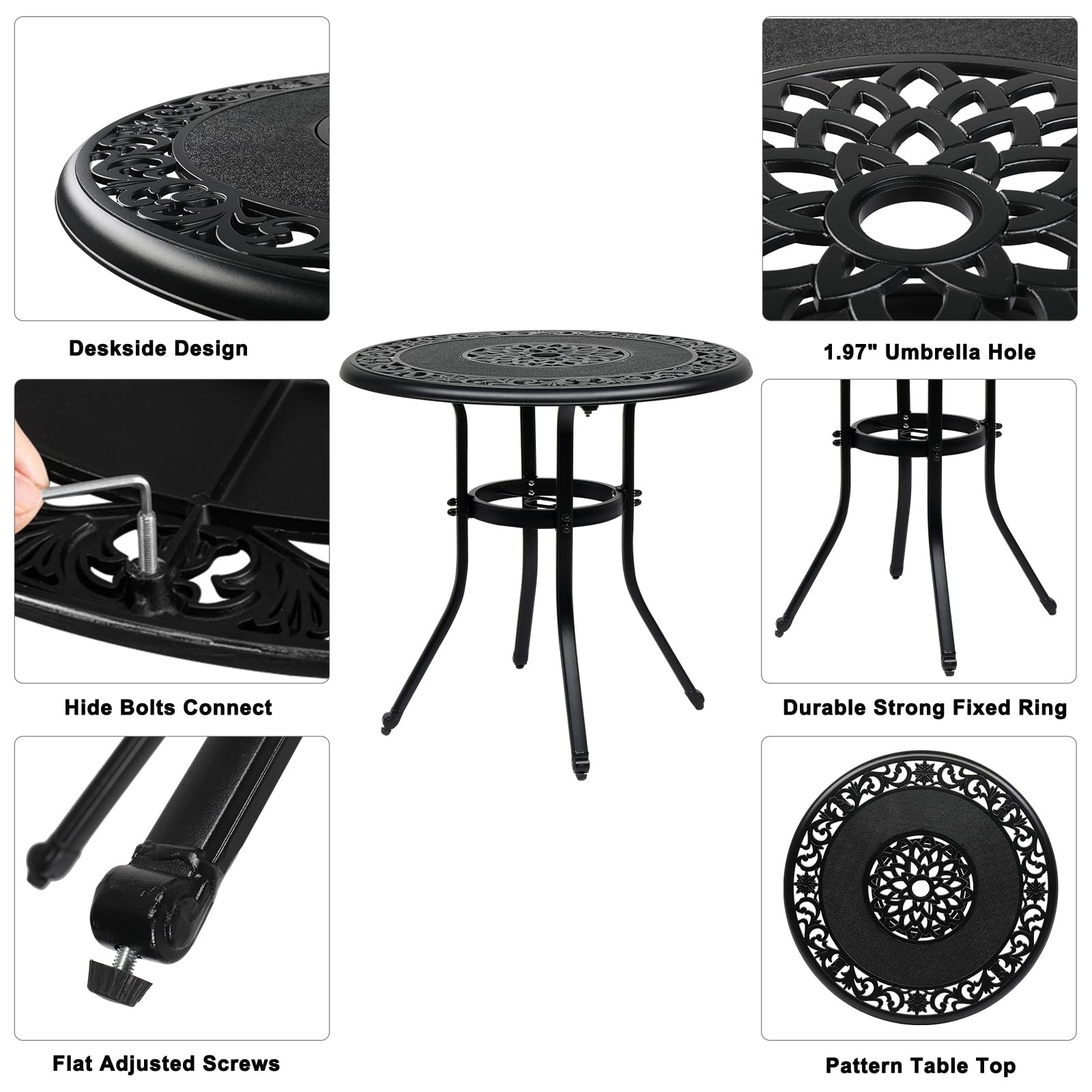 VINGLI 32 Inch Outdoor Patio Table with Umbrella Hole - Heavy Duty Cast Aluminum Round Dining Table for Backyard, Garden, Deck - Weather Resistant Black Bistro Set for Outdoor Entertaining & Relaxation