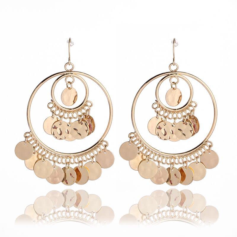 Bohemian Chandelier Earrings for Women - Gold Filigree Tassel Drop Earrings with Sequins & Coin Disc Design | Statement Jewelry for Party, Wedding & Special Occasions