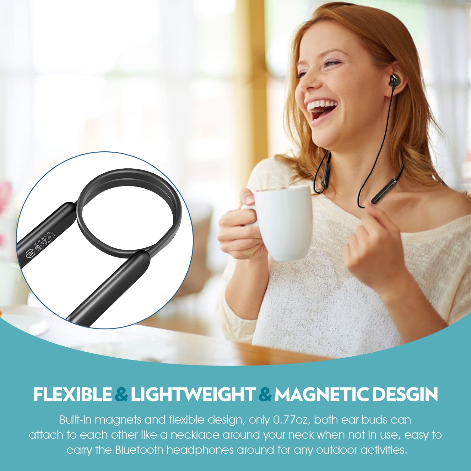 Wireless Bluetooth Headphones with 20Hrs Playtime, V5.0 Neckband Sport Earbuds, Noise Cancelling Mic for Gym Running - Compatible with iPhone Samsung Android - Perfect for Workouts, Commuting & Travel