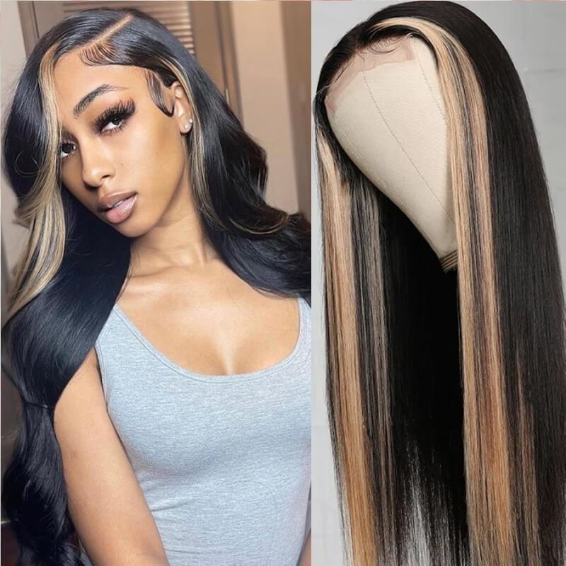 Eullair 13x4 Body Wave Lace Front Wig - Colored Blonde Skunk Stripe Human Hair Wig for Women | Perfect for Cosplay, Halloween, and Daily Fashion Styling