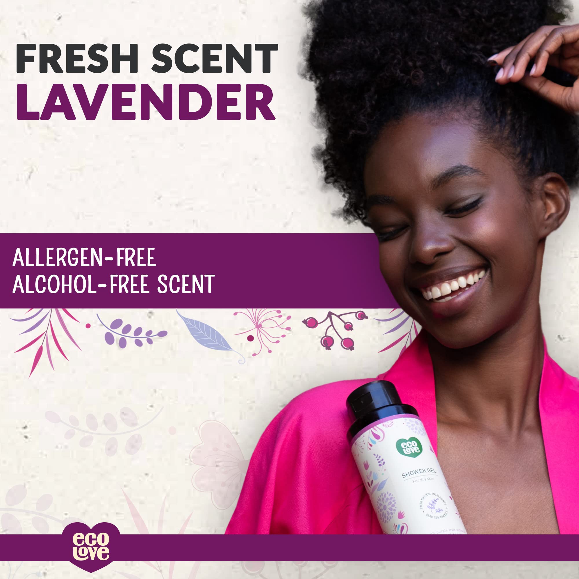 EcoLove Natural Moisturizing Body Wash for Dry Skin - Organic Blueberry, Grape & Lavender Scented Vegan Shower Gel - SLS & Paraben Free, Cruelty-Free, 17.6 oz - Hydrating Daily Shower Solution for Sensitive Skin & Winter Care
