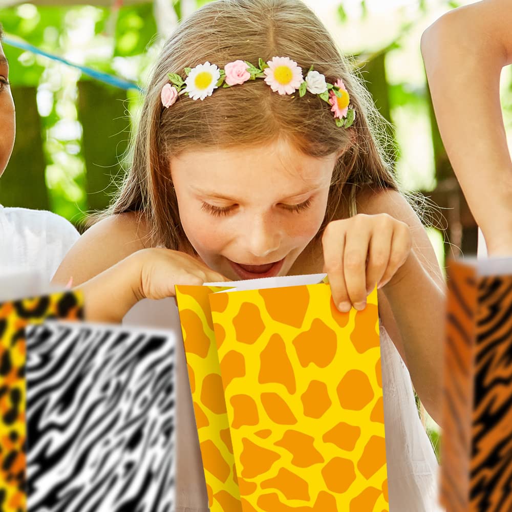 ArtCreativity 12-Pack Safari Animal Print Party Favor Bags - 4 Unique Jungle Designs for Birthday, Baby Shower & Zoo Themed Events - Durable Treat Goody Bags for Kids Party Supplies