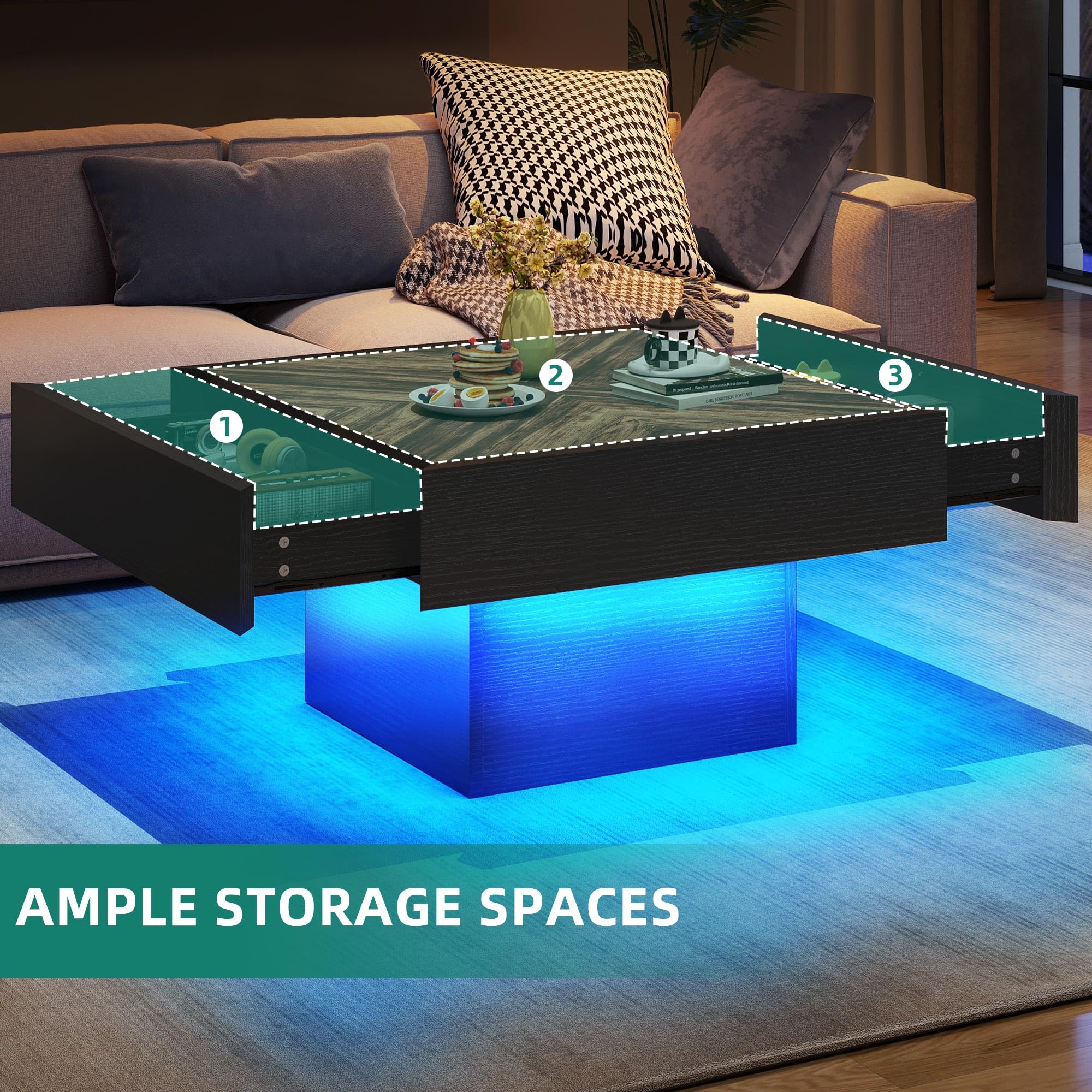 YITAHOME Farmhouse Square Coffee Table with LED and Storage - Modern Wood Living Room Table with 2 Drawers in Black & Brown - Perfect for Small Spaces, Apartments, and Cozy Home Decor