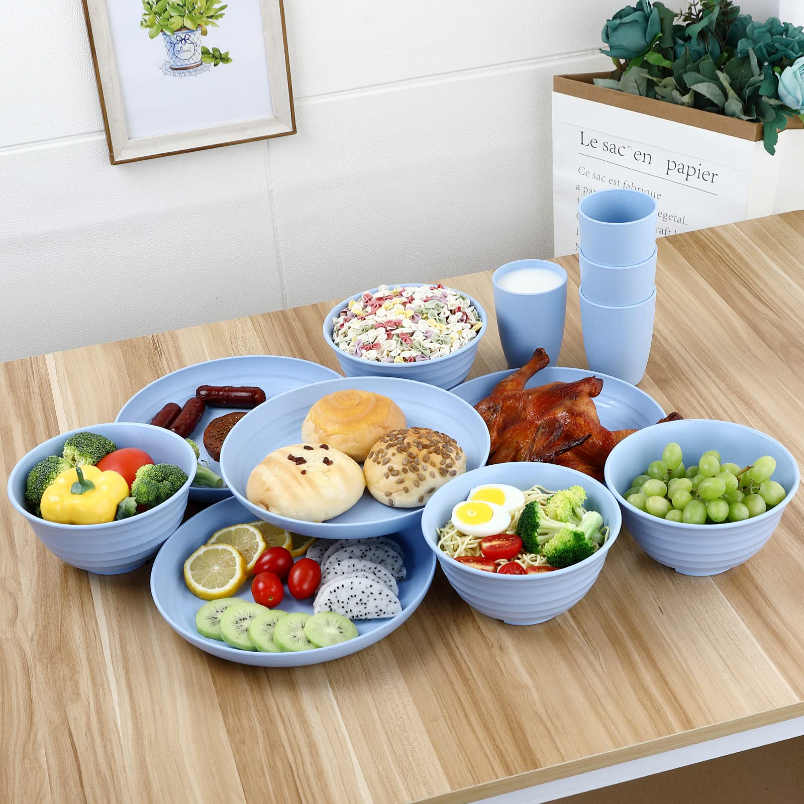 12-Piece Plastic Wheat Straw Dinnerware Set for 4 - Cups, Plates & Bowls | Microwave & Dishwasher Safe | Eco-Friendly Lightweight Tableware | Perfect for Picnics, Camping & Outdoor Dining