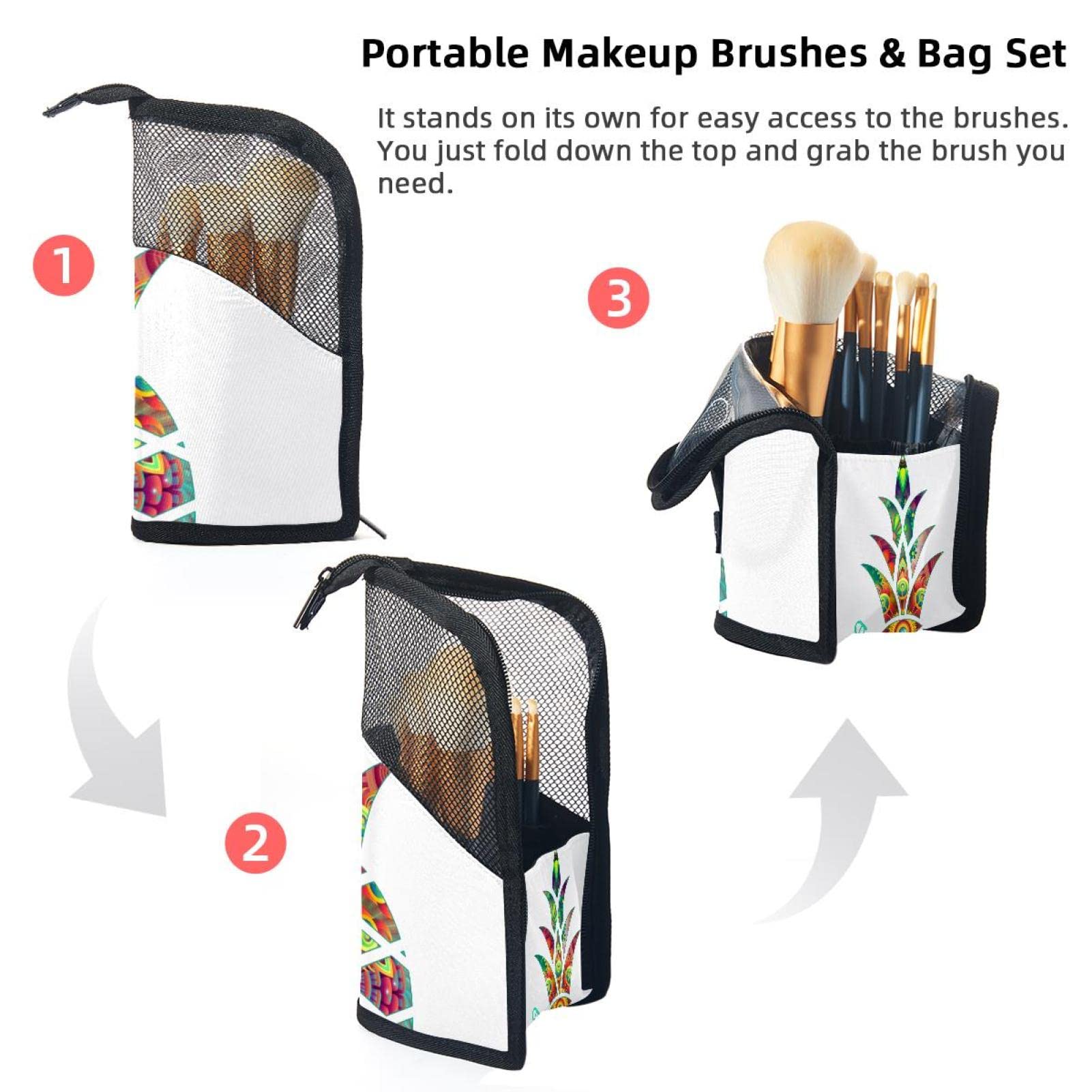 12-Piece Makeup Brush Set with Abstract Pineapple Design Organizer Bag - Portable Cosmetic Brush Holder Case for Travel & Home Storage | Perfect for Makeup Artists & Beauty Enthusiasts