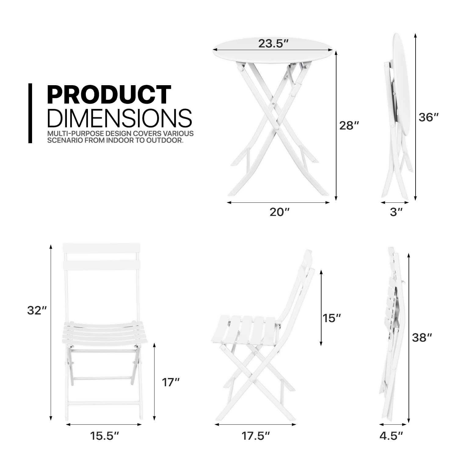 MoNiBloom 3-Piece White Folding Outdoor Bistro Set - Metal Round Table & Chairs for Patio, Porch, Yard, Balcony & Garden | Perfect for Small Spaces, Morning Coffee & Outdoor Dining