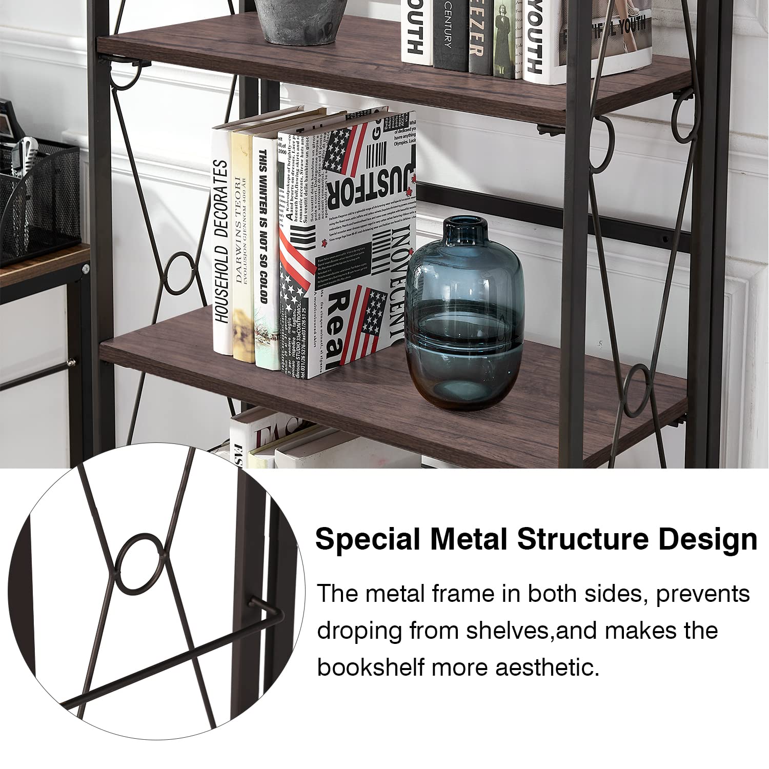 VECELO 5-Tier Folding Bookshelf - No Assembly Metal Bookcase, Industrial Freestanding Shelf Organizer for Living Room, Office, Bedroom & Kitchen - Perfect for Small Spaces & Home Storage Solutions