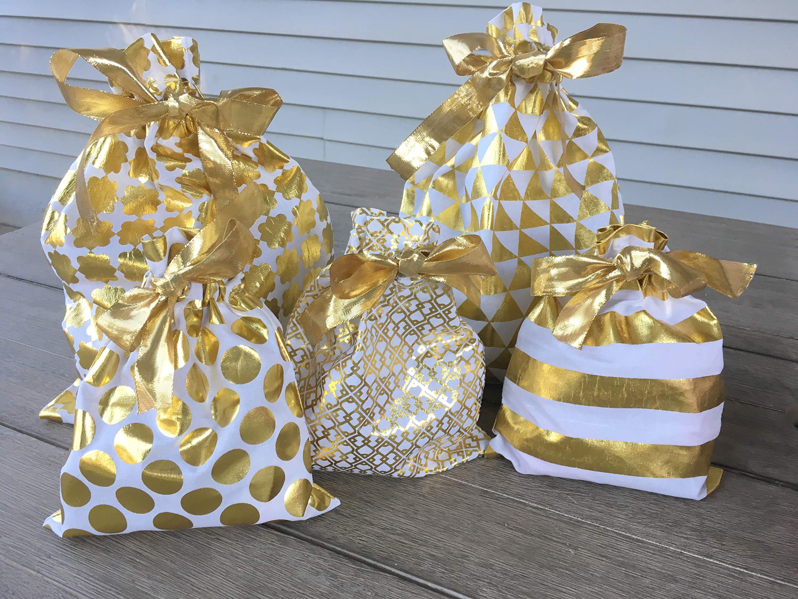 Eco-Friendly Reusable Fabric Gift Bags Set of 5 - 3 Large (12x16 inch) & 2 Small (8x10 inch) - Premium Gold Gift Wrapping for Birthdays, Weddings & Holidays - Sustainable Christmas Present Packaging Alternative