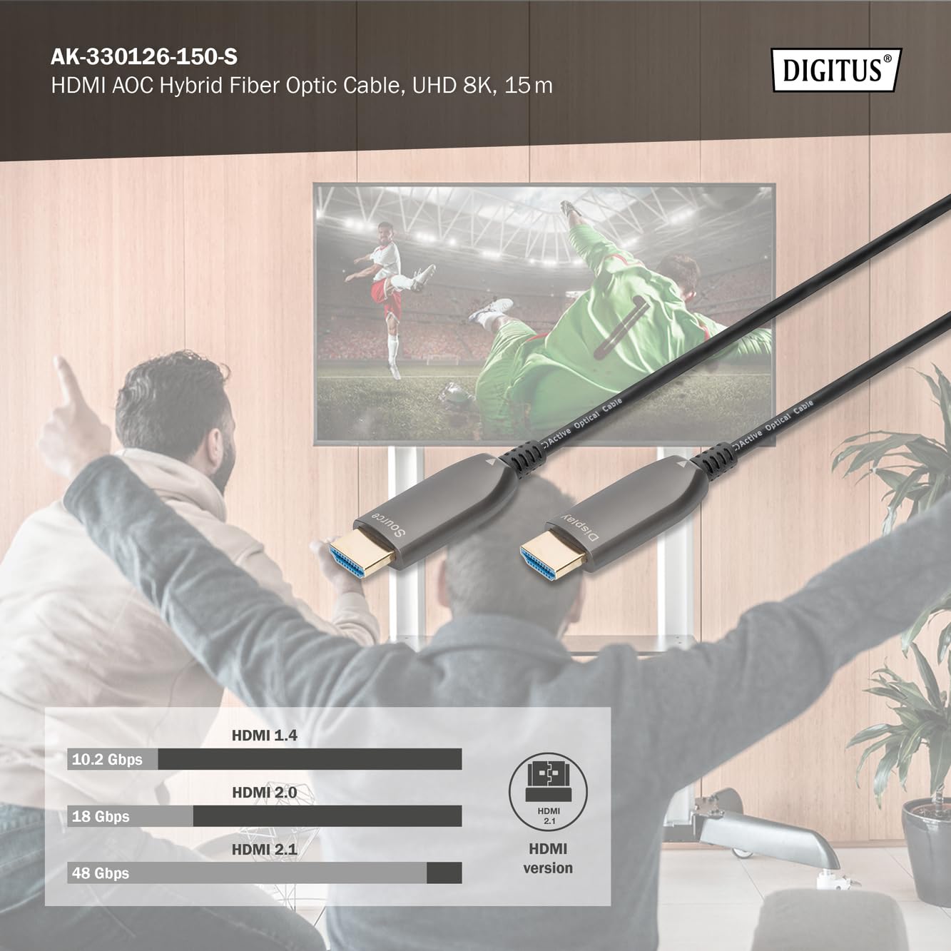 Digitus HDMI AOC Hybrid Fiber Optic Cable 15m - 8K@60Hz 4K@120Hz HDMI 2.1 Certified - Ultra HD HDR eARC HDCP 2.2 - Ethernet Channel - Gold Plated Connectors - Compatible with Smart TV, Projector, Gaming Monitor, Home Theater - Perfect for 8K Gaming, 4K Streaming & Professional AV Setups