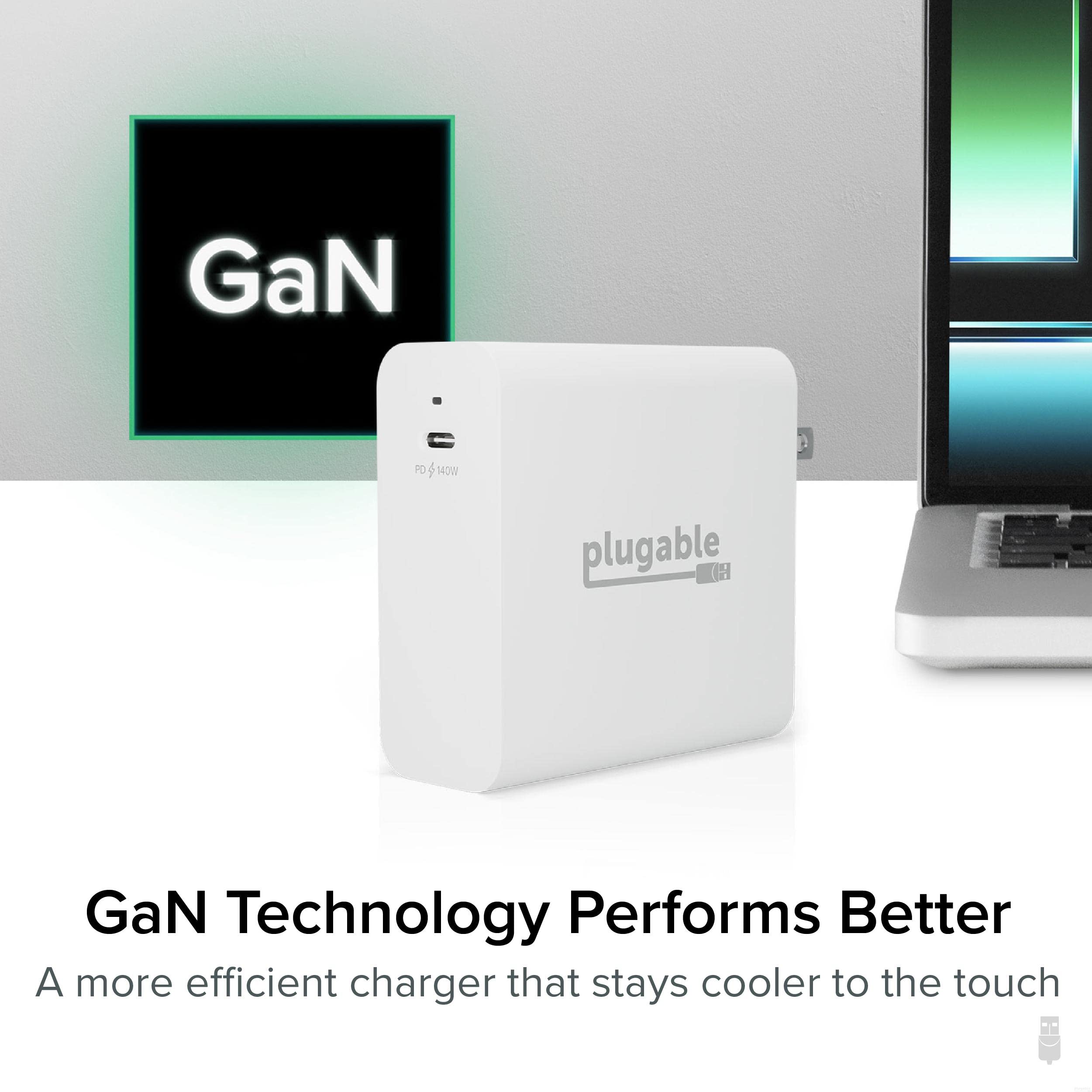 Plugable 140W USB C GaN Fast Wall Charger - PD 3.1 (EPR) Power Adapter for MacBook Pro/Air, iPad Pro, Surface Laptop & USB-C Devices - Perfect for Home, Office & Travel Charging