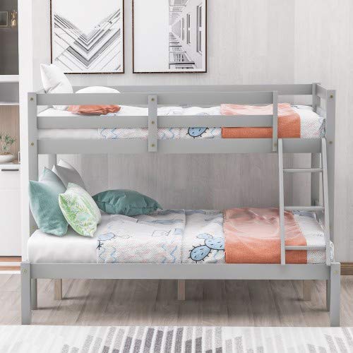 Solid Wood Twin Over Full Bunk Bed with Ladder & Guardrail - Convertible to Separate Twin/Full Size Beds - No Box Spring Needed (Gray) - Perfect for Kids' Bedrooms, Guest Rooms & Space-Saving Solutions