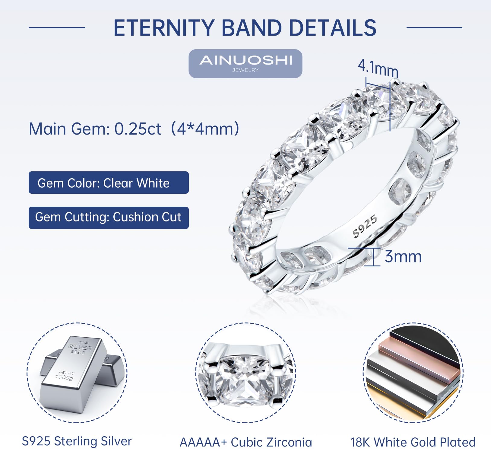 AINUOSHI 925 Sterling Silver Eternity Ring for Women - Emerald/Oval/Radiant/Round/Cushion Cut Cubic Zirconia CZ Wedding Band, Elegant Engagement Jewelry Gift (Jewelry Box Included) | Perfect for Anniversary, Proposal, Valentine's Day & Special Occasions