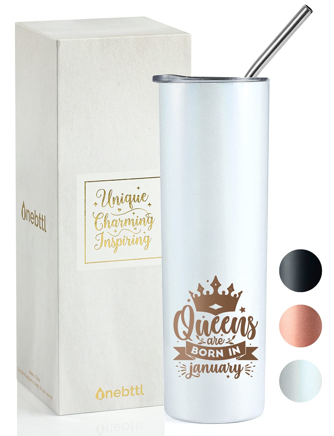January Birthday Skinny Tumbler - 20oz Stainless Steel Wine & Coffee Cup with Lid - Perfect Gift for Women, Her, Girlfriend, Best Friend, Coworker, Wife, Mom, Daughter, Sister, Aunt - Great for Office, Home, Travel & Outdoor Activities - White