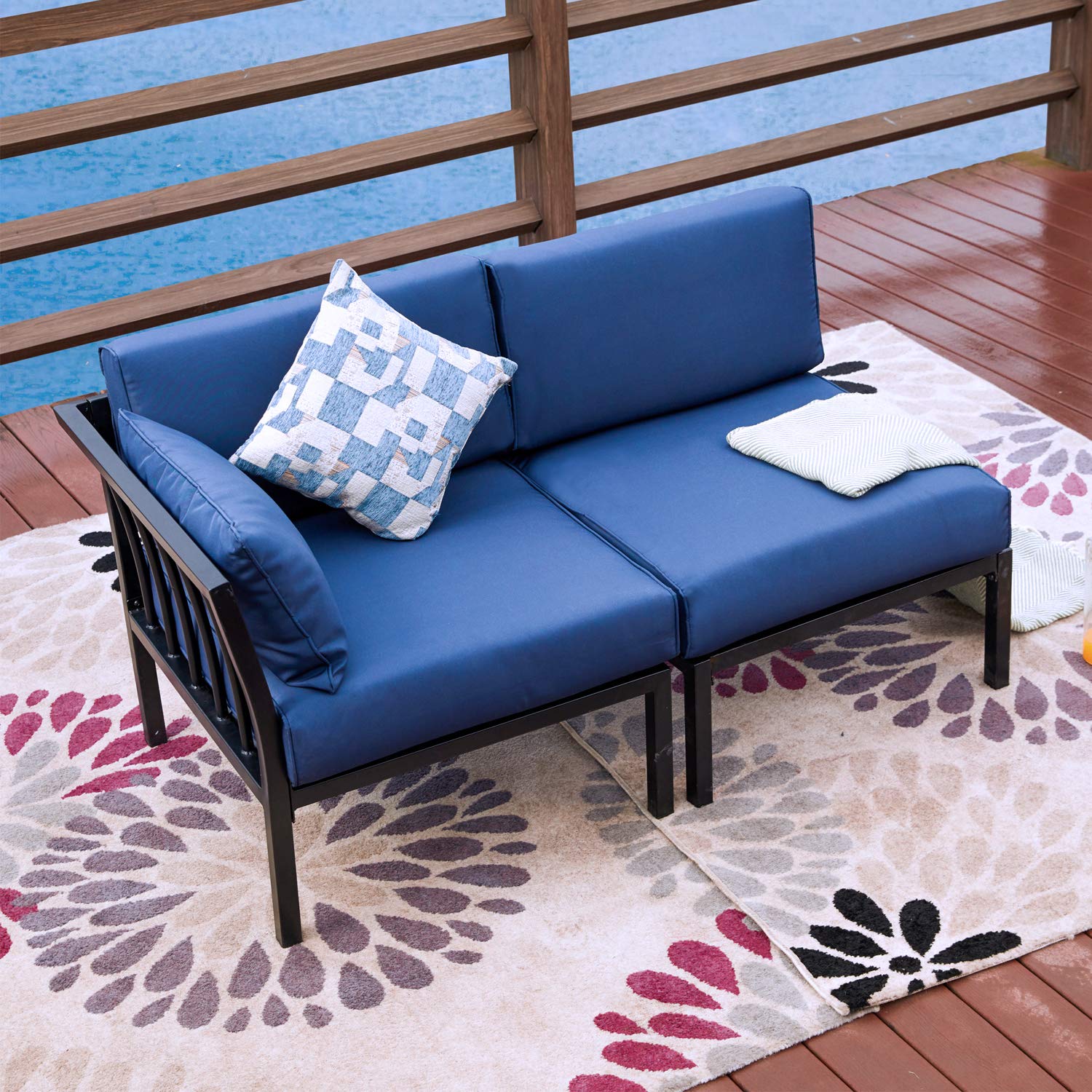 LOKATSE HOME 2-Piece Outdoor Patio Furniture Set - Blue Waterproof Wicker Conversation Chairs with Corner Sofa & Armless Loveseat | Perfect for Backyard, Poolside & Garden Relaxation