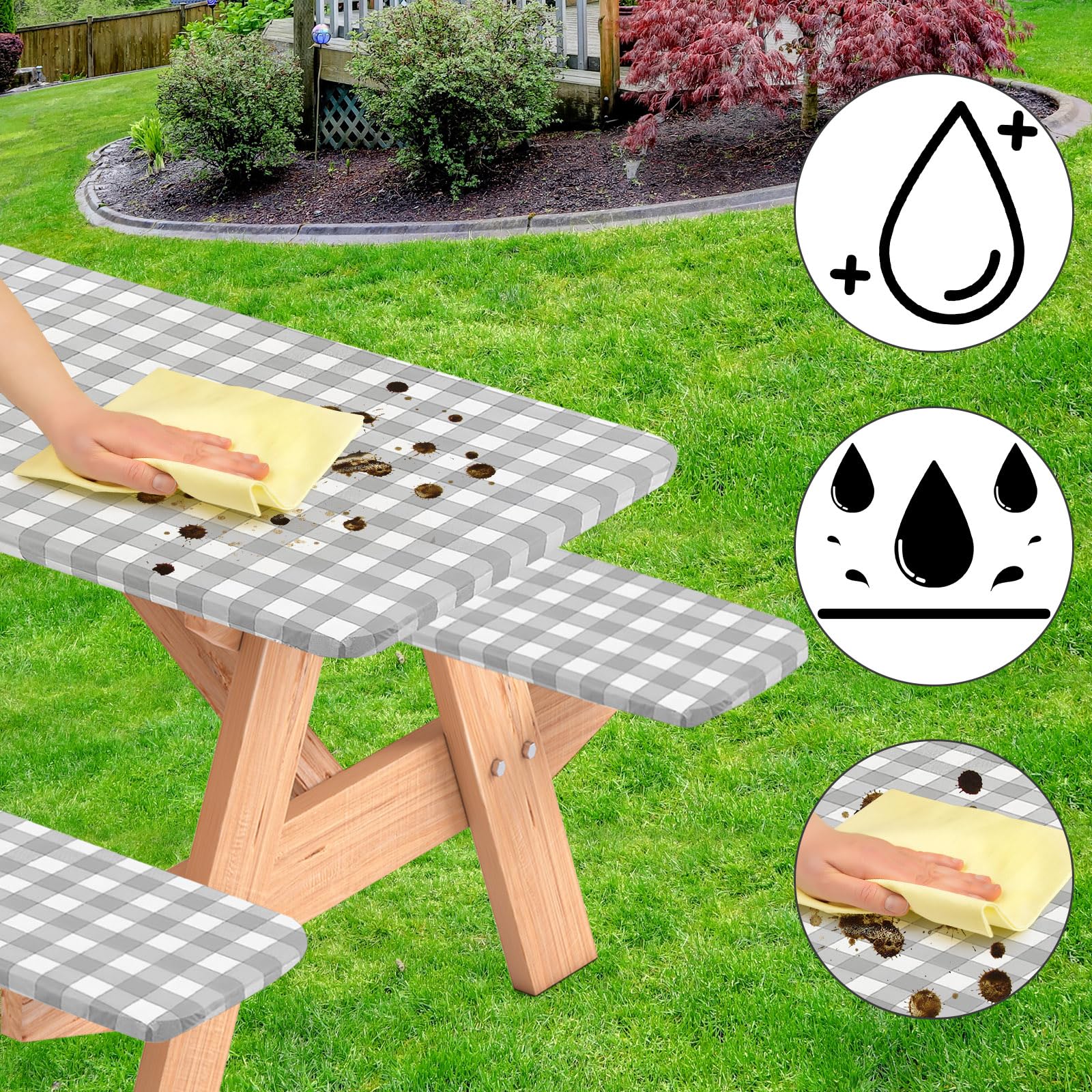 3-Piece Vinyl Picnic Table Cover Set with Flannel Backing - Fits 6ft Tables (30 x 72 Inches) - Includes Bench Covers - Waterproof & Durable for Outdoor Camping, Backyard BBQs, and Picnics (Gray Checked Pattern)