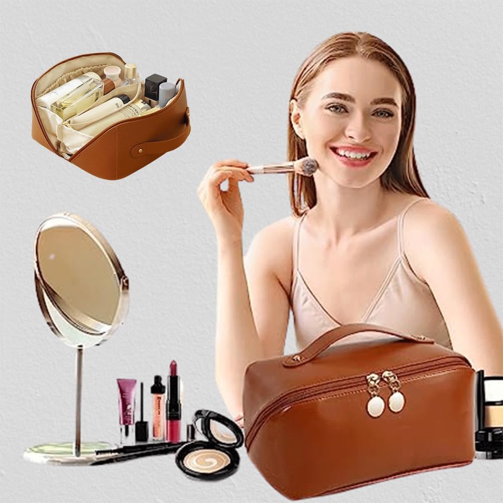 KINDRED Crossbody Cosmetic Bag for Women - PU Leather Makeup Organizer Pouch with Multiple Compartments (Brown) | Perfect for Travel, Gym & Daily Essentials Storage