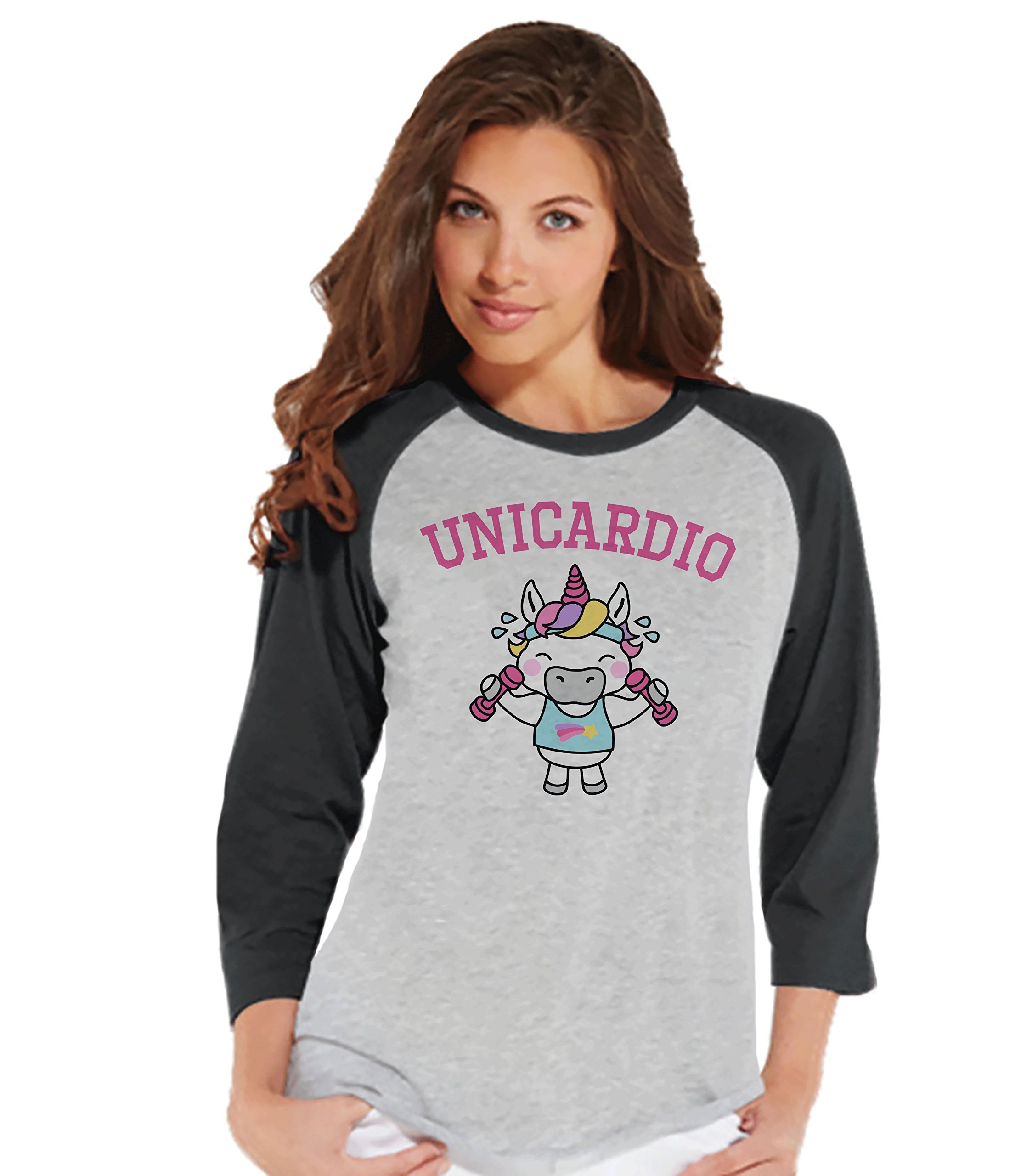 7 ate 9 Apparel Women's Workout Unicorn Raglan Tee - Comfortable Gym Shirt for Yoga, Running & Fitness - Cute Graphic Athletic Top for Women's Activewear