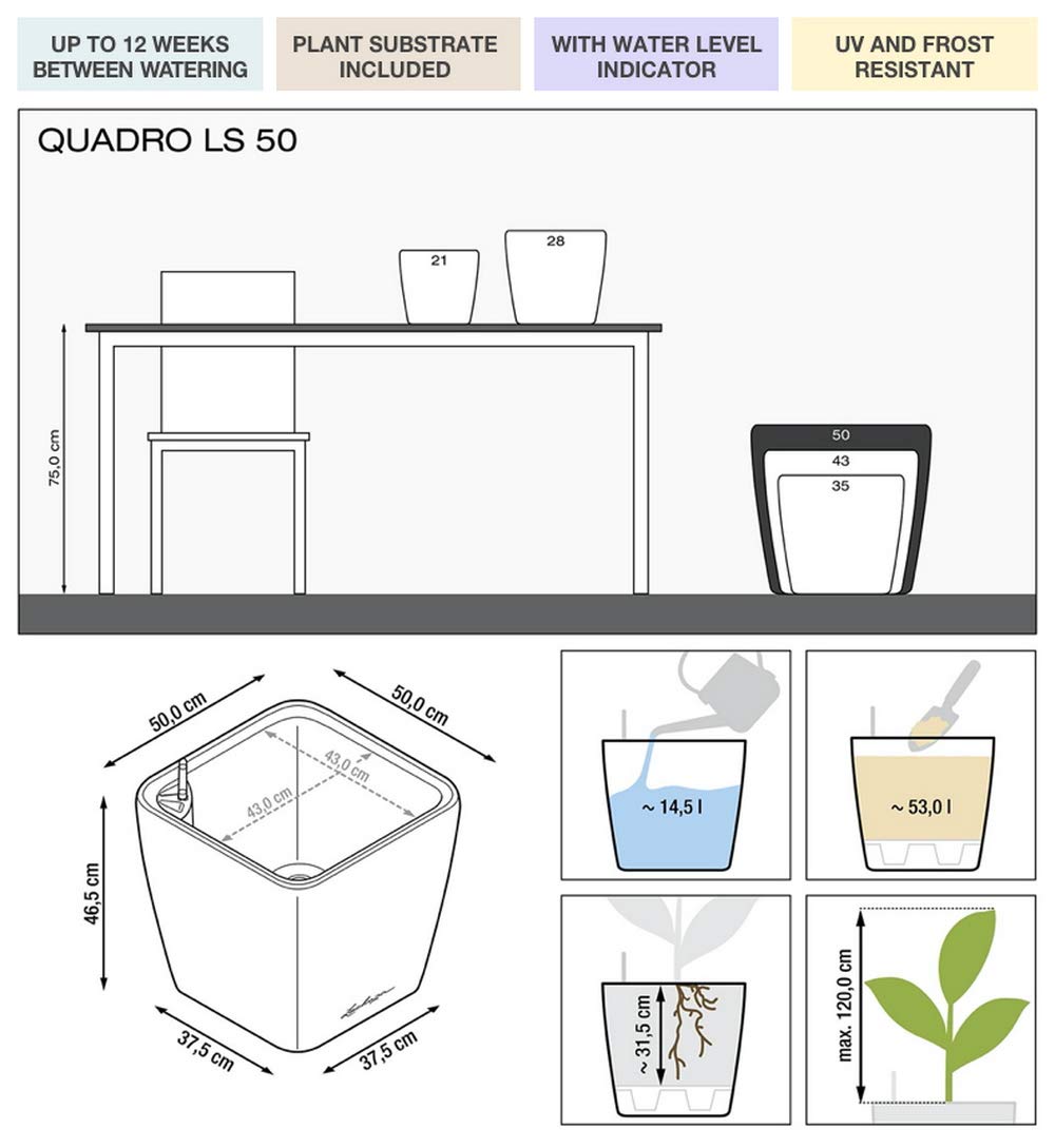 Lechuza Quadro Premium LS 50 Self-Watering Planter - Taupe High Gloss (Model 16285) for Indoor Plants, Home & Office Decor