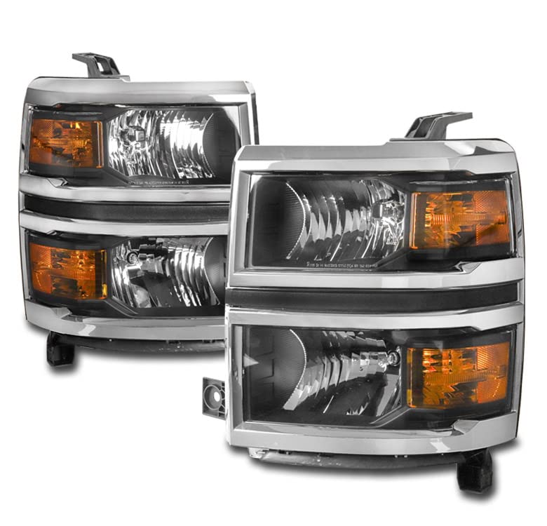 Replacement Headlights Headlamps Black/Chrome Trim Compatible with 2014-2015 Chevy Silverado 1500 - Upgrade Your Truck Lighting for Night Driving & Off-Road Adventures