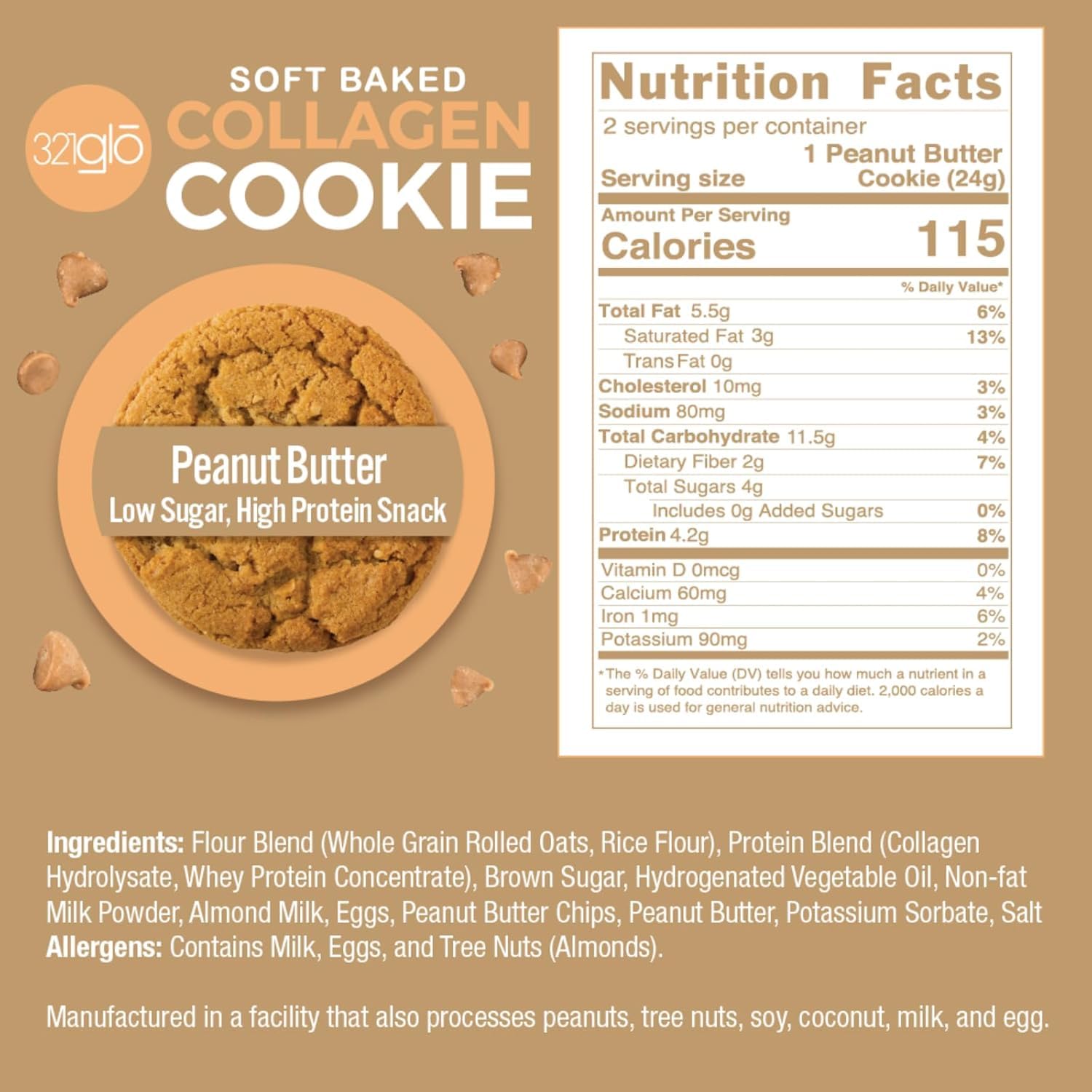 321glo Collagen Cookies - Soft Baked High Protein Low Carb Keto Snacks for Women, Men & Kids | Peanut Butter Flavor | 12 Pack | Perfect for On-the-Go Snacking, Weight Loss & Healthy Lifestyle