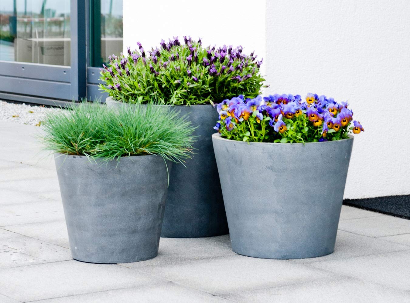 E1004-35-03 Modern Round Fiberstone Planter Pot - Small Grey Bucket Style Indoor/Outdoor Flower Pot for Home Decor, Garden & Patio Plants