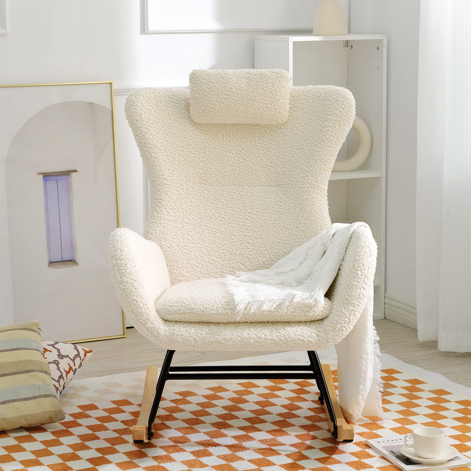 **Teddy Upholstered Glider Rocker Recliner - High Backrest Nursery Rocking Chair with Adjustable Headrest, Comfy Accent Armchair for Living Room & Bedroom (Beige) | Perfect for Nursing, Reading & Relaxing**