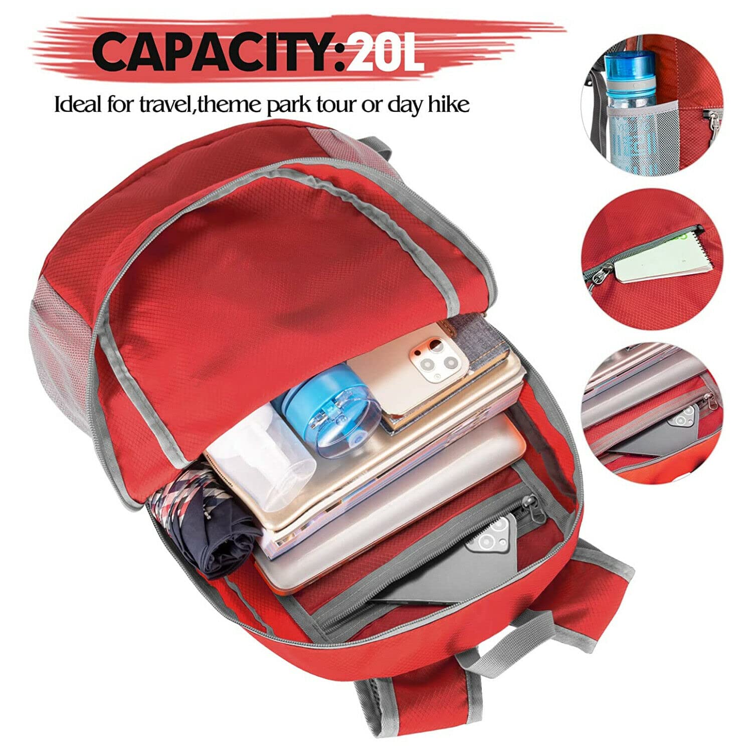 Ultra Lightweight Hiking Backpack - Water Resistant Small Daypack for Women & Men, Foldable Travel Backpack (Red) - Perfect for Outdoor Adventures, Camping, and Daily Commute