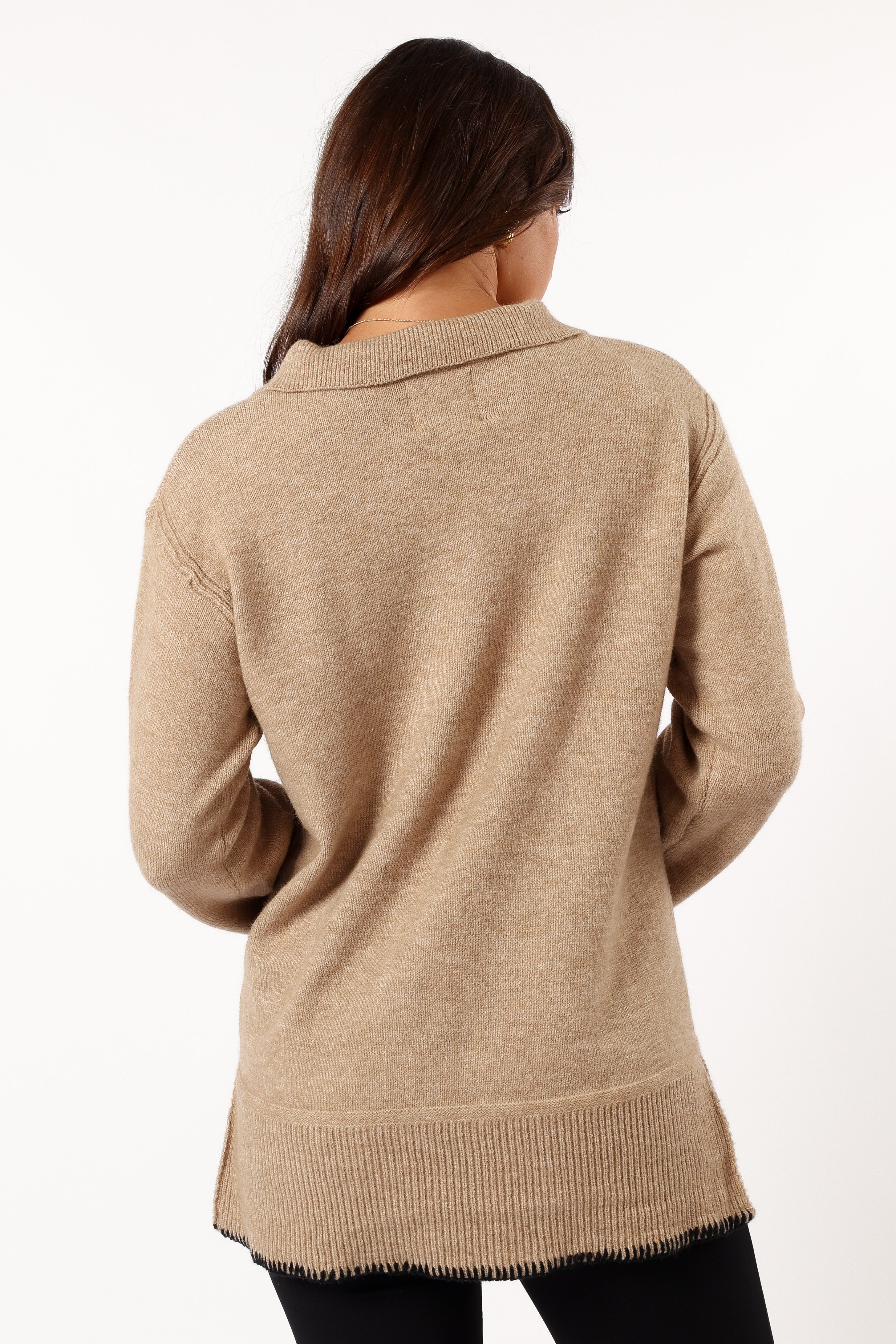 Elise Contrast Hem Knit Sweater for Women - Soft Taupe Pullover, Cozy Winter Fashion, Perfect for Office, Casual Outings & Holiday Gatherings