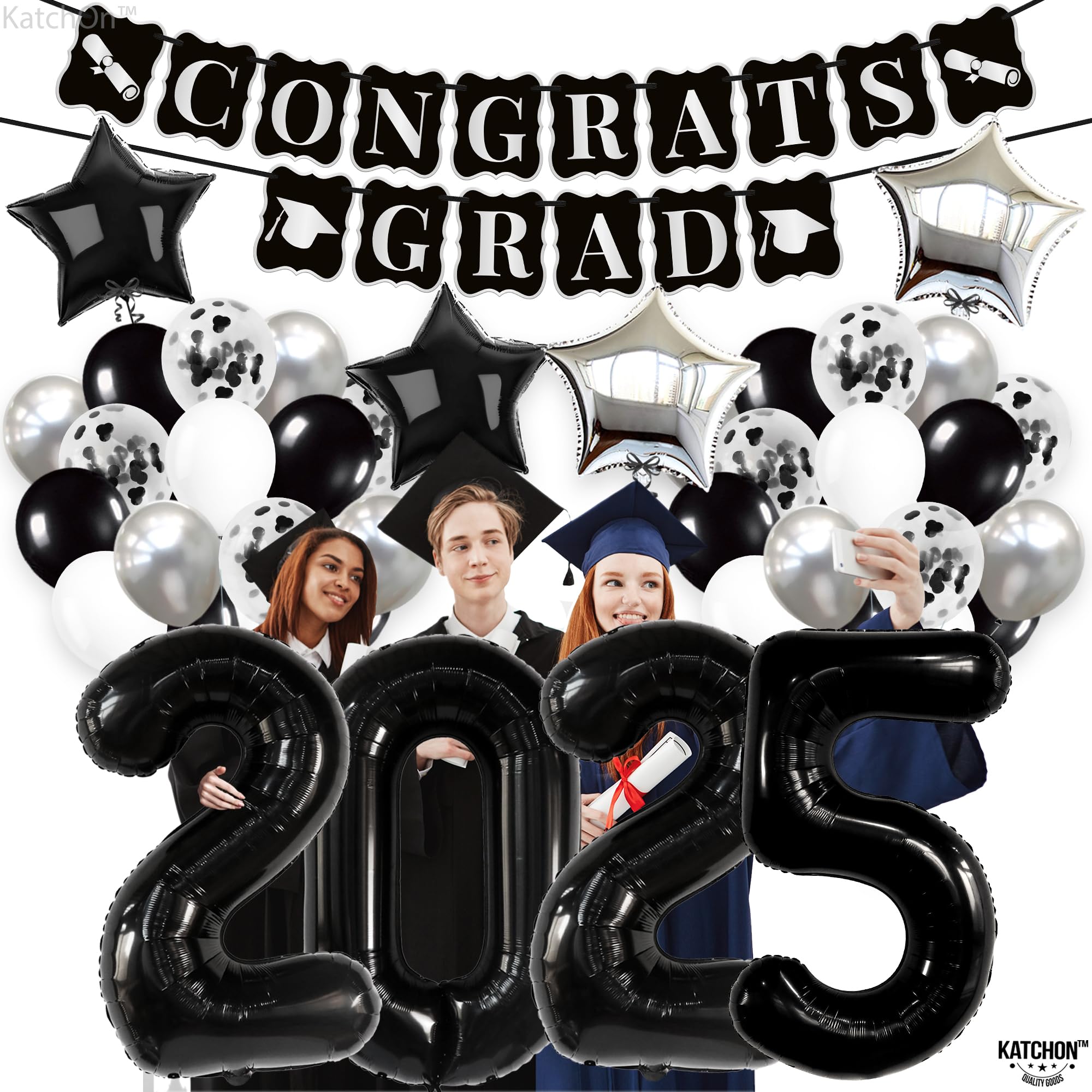 2025 Graduation Party Decorations Set - 43-Piece Black & Silver Balloons, Congrats Grad Banner | Elegant Black & White Graduation Theme | Perfect for High School & College Graduation Ceremonies, Parties & Photo Backdrops