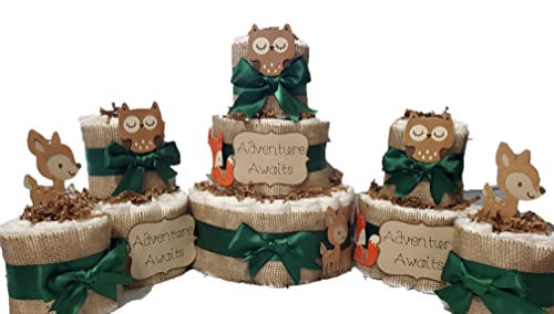 Adventure Time Woodland Theme Diaper Cake - 5 Piece 3-Tier Baby Shower Gift Set in Brown & Green with Fox, Deer & Owl Designs | Perfect for Gender Reveals, Nursery Decor & New Mom Gifts