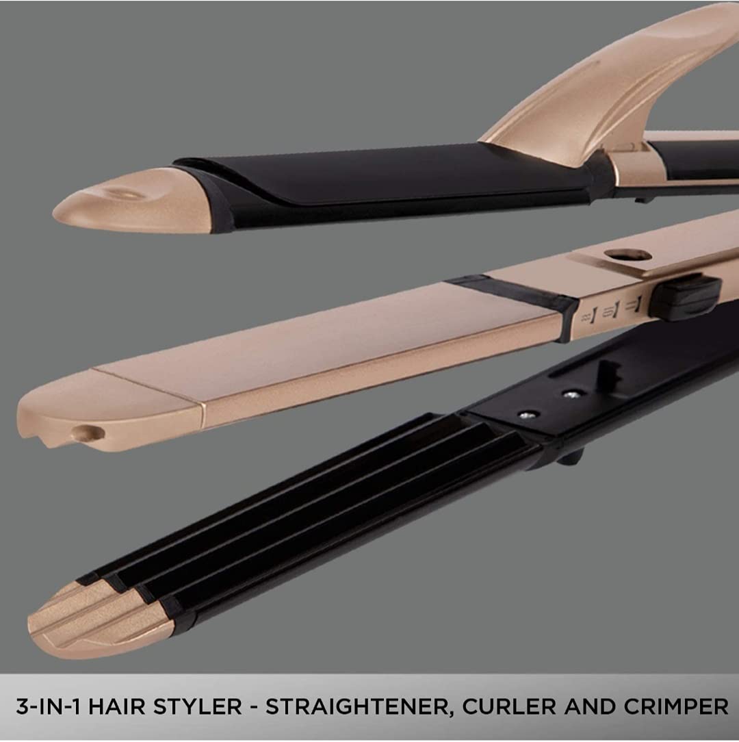 Myra Collection Vega 3-in-1 Hair Styler - Hair Straightener, Curling Iron & Crimper for All Hair Types | Professional Salon Quality Styling Tool for Home & Travel Use