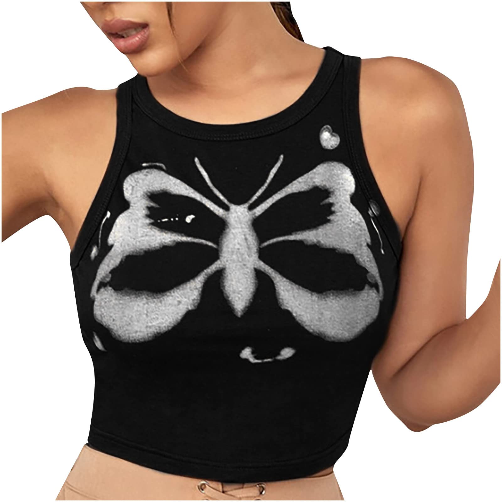 Y2K Sexy Crop Tank Top for Women - Butterfly Printed Round Neck Sleeveless T-Shirt - Fashion Slim Fit Breathable Vest - Perfect for Summer Outfits, Music Festivals & Streetwear Fashion
