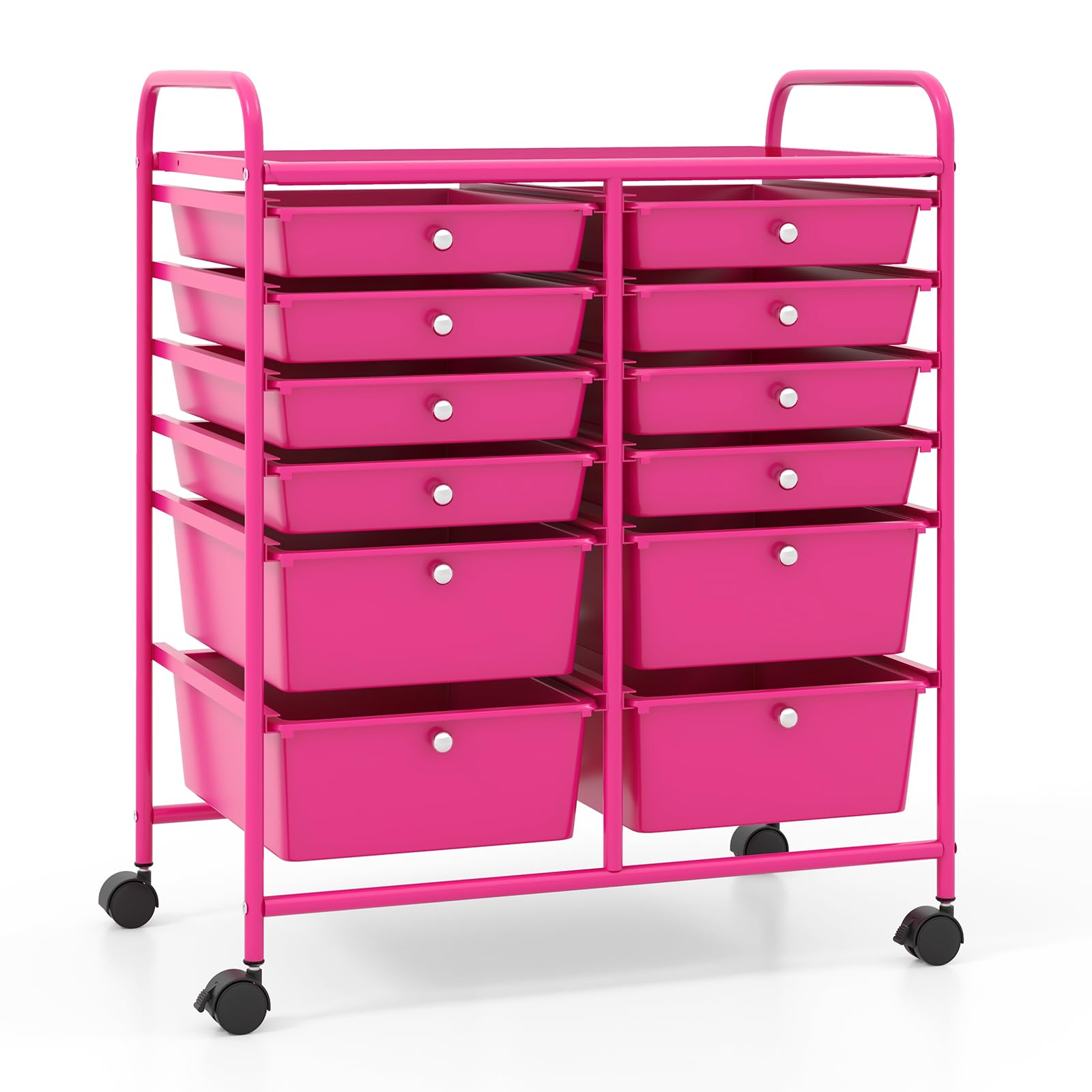 RELAX4LIFE 12-Drawer Rolling Craft Storage Cart with Wheels - Mobile Organizer for Art Supplies, Office, School & Beauty Salon - Pink Utility Cart for Easy Access & Space Saving Organization