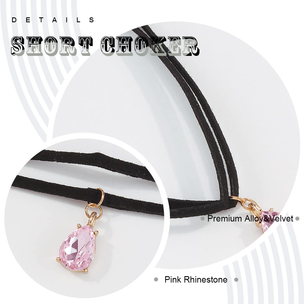 GRAEEN Black Velvet Choker Necklace with Pink Gem Pendant - Elegant Layered Crystal Choker for Women | Perfect for Christmas, Parties & Date Nights
