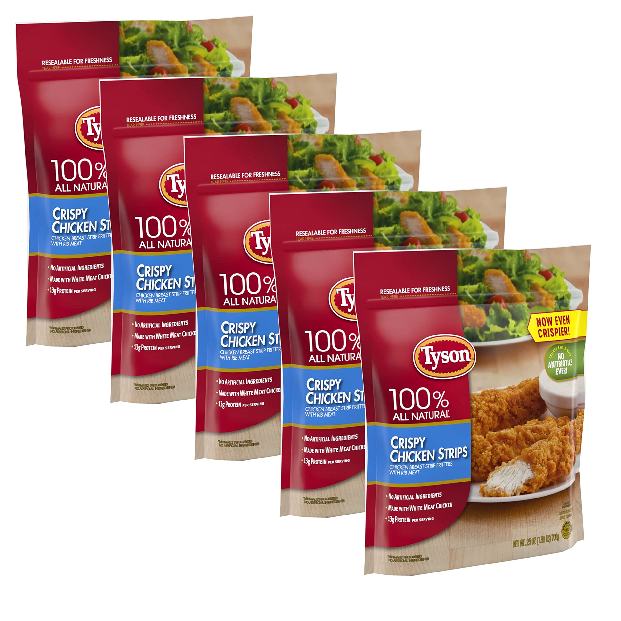 **Tyson All Natural Fully Cooked Crispy Chicken Breast Strips with Rib Meat - No Antibiotics Ever - 5 Pack (25 oz Each) - Ready to Eat for Quick Meals, Lunches & Family Dinners - Supports Donate a Meal Program**