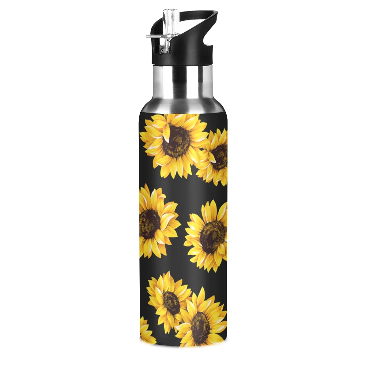 Black Sunflower Vacuum Insulated Stainless Steel Water Bottle with Straw, 20 oz - Perfect for Gym, Hiking & Outdoor Adventures