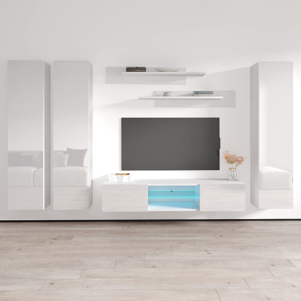 Modern Floating TV Stand with Storage & LED Lights - Wall-Mounted Entertainment Center for Bedroom & Living Room - White TV Console with Shelves - Perfect for Small Spaces & Home Theater Setup