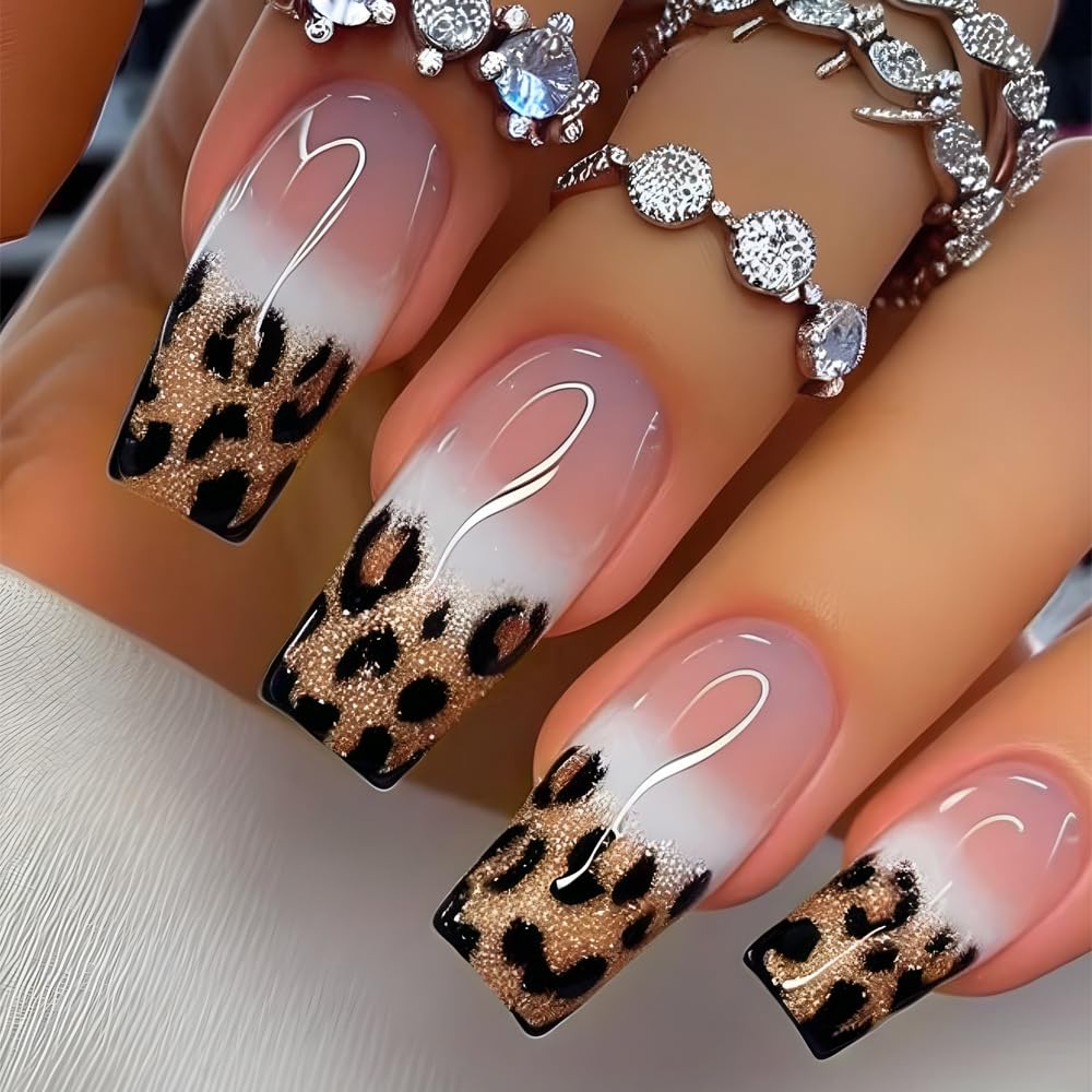 QUNQINLI 24Pcs Leopard Print Press On Nails - Medium Square Fake Nails with Glossy Design, Nude Pink False Nails with White Tips, Full Cover Acrylic Nail Kit for Women | Perfect for Parties, Weddings & Daily Manicure