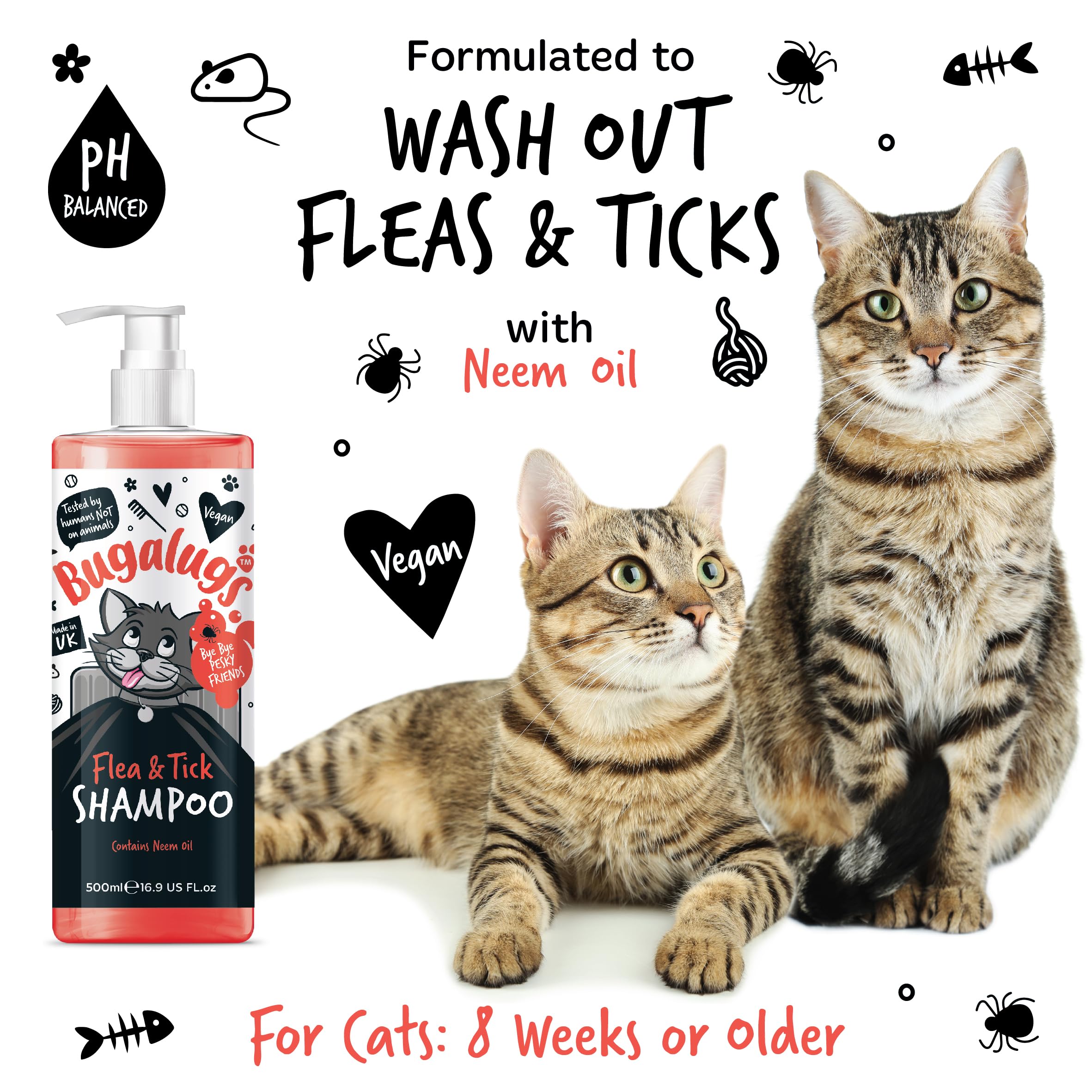 Bugalugs Flea & Tick Shampoo for Cats - 500ml Natural Neem Oil Formula | Deep Cleansing Cat Shampoo Kills Fleas, Ticks & Mites | pH Balanced Vegan Pet Care | Perfect for Bathing & Grooming Anxious Cats