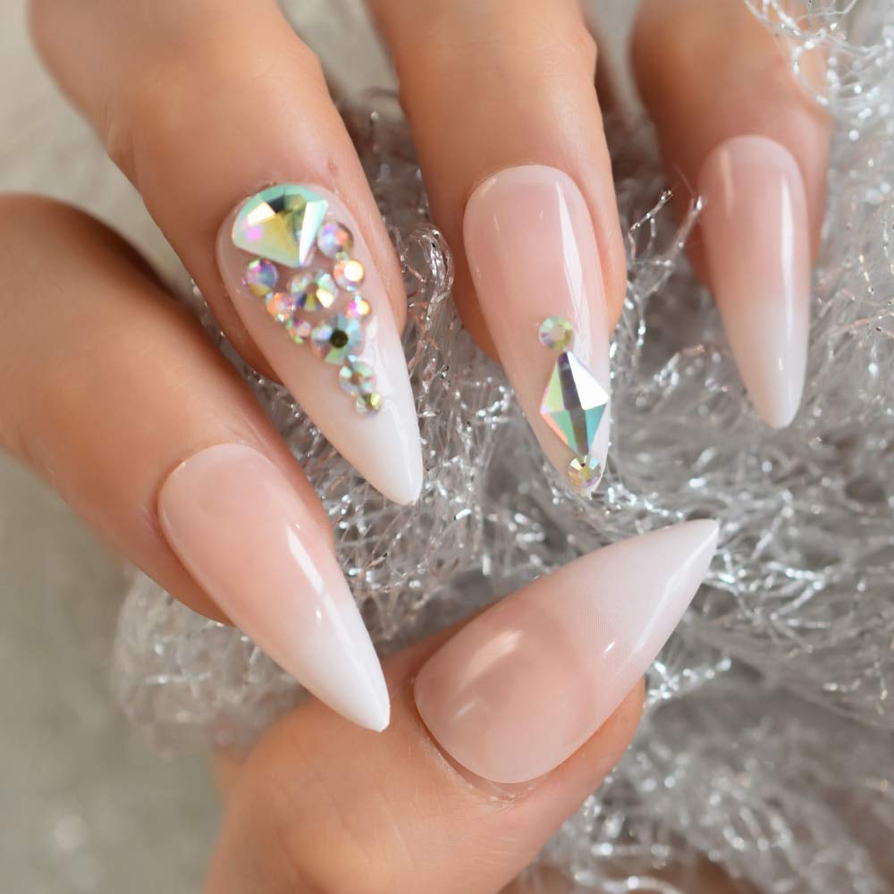 EchiQ Ombre Stiletto Nails - Pink White Gradient Fake Nails with 3D Diamond Rhinestones | Long Luxury False Nails for Parties, Weddings & Special Occasions