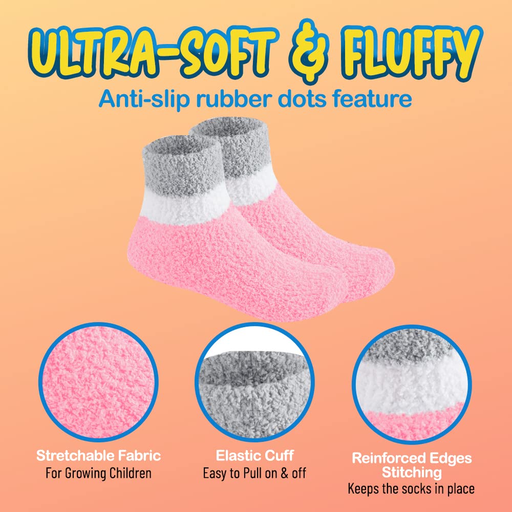 Debra Weitzner 6 Pairs Warm Fuzzy Socks for Kids with Non-Slip Grippers - Cozy Toddler Slipper Socks for Indoor Play, Winter Comfort & Home Wear