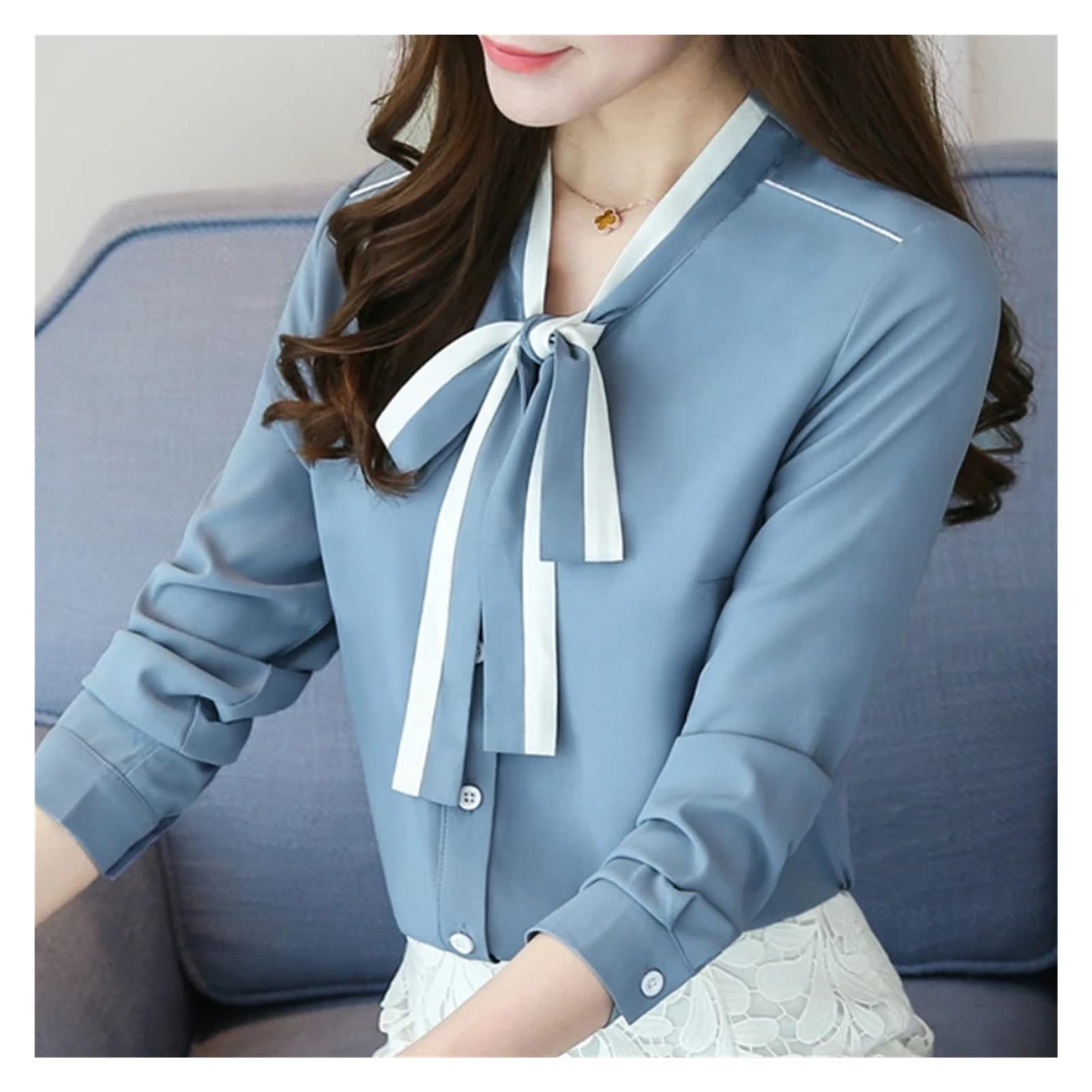 WALNUTA Women's Elegant Bow V-Neck Chiffon Blouse - Long Sleeve Flowy Shirt for Work & Special Occasions | Office Wear & Evening Tops