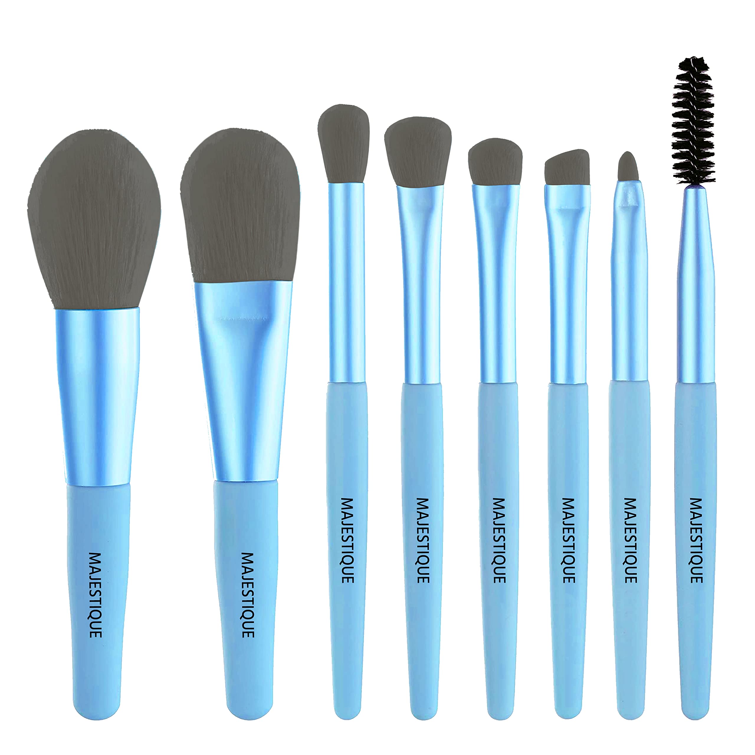 Majestique 8Pcs Professional Makeup Brush Set - Face Powder, Concealer, Eyeshadow, Eyebrow & Lip Brushes - Blue Cosmetic Beauty Tools for Everyday Makeup & Professional Use