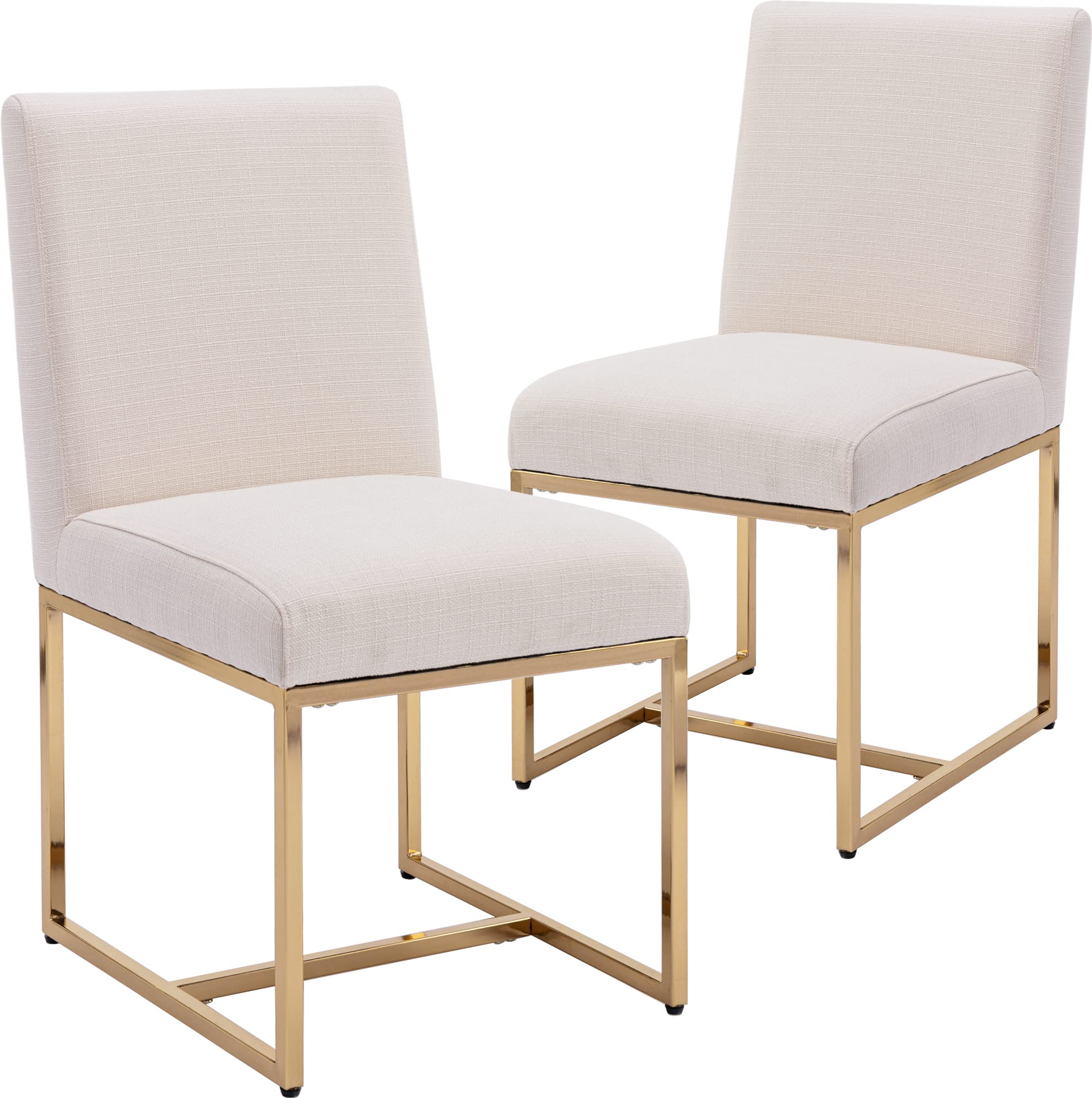 Modern Fabric Dining Chairs Set of 2 - Linen Upholstered Mid Century Armless Kitchen Chairs with Golden Legs for Dining Room, Beige - Perfect for Small Spaces, Breakfast Nooks & Contemporary Home Decor