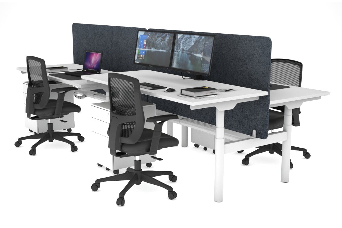 Flexi Premium Height Adjustable 4-Person H Bench Workstation - White Frame [1400L x 700W] - Ergonomic Office Desk for Collaborative Workspaces & Coworking Environments