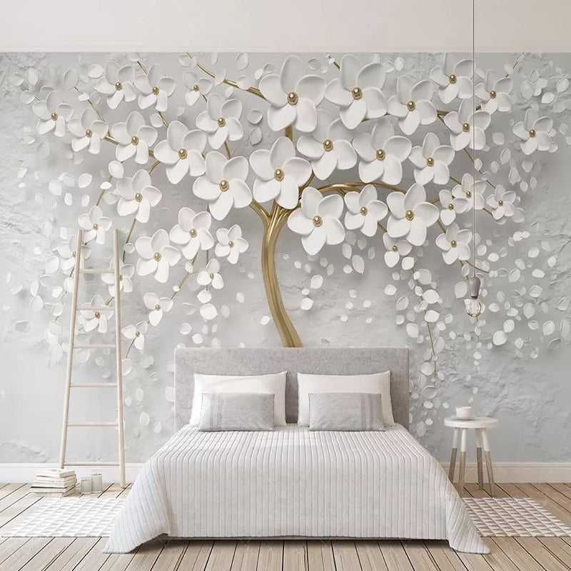 Stunning Tree with White Flowers Wallpaper - Nature-Inspired Wall Art for Living Room, Bedroom & Office Decor