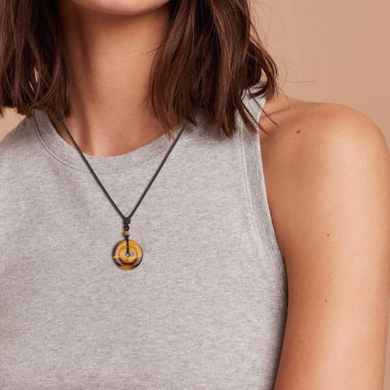 COAI Crystal Donut Necklace - Obsidian, Tiger Eye, Rose Quartz, Fluorite, Agate Gemstone Pendant - 28 Inch Nylon Cord Unisex Jewelry for Men & Women - Perfect for Meditation, Yoga, Spiritual Healing & Fashion Accessories