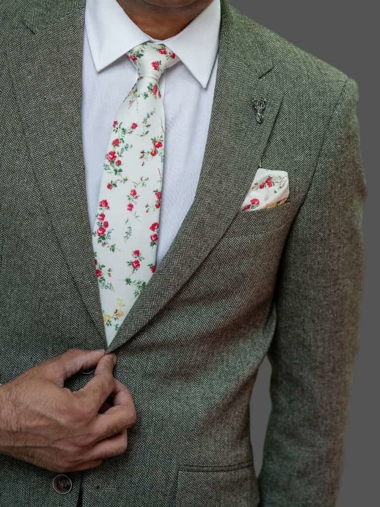 LA Smith Ivory Green Red Cotton Tie - Premium Liberty Fabric Necktie for Men | Perfect for Weddings, Business Meetings & Formal Events