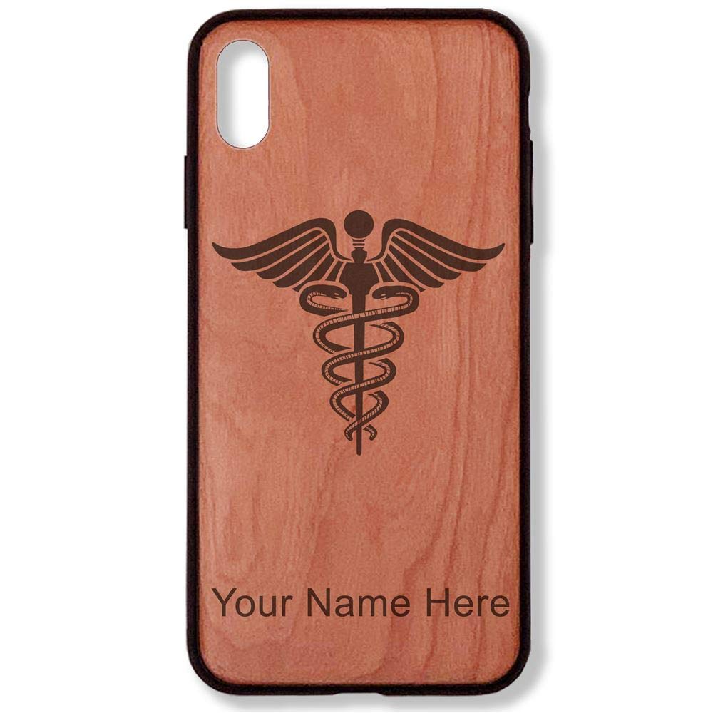 Engraved Cherry Wood Phone Case for iPhone X & Xs - Caduceus Medical Symbol Design, Personalized Gift for Doctors & Nurses - Perfect for Hospitals, Clinics & Healthcare Professionals
